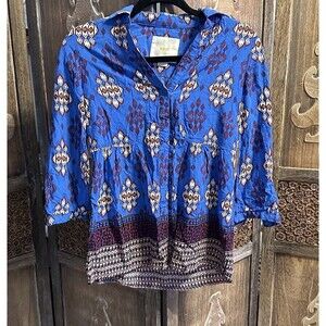 Maeve Anthropologie Blue Boho Southwestern Button Down Top Size 2 C14